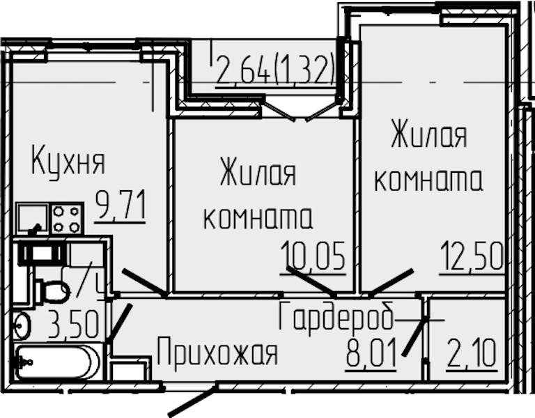 2-комнатная квартира 47.19 м², 5/8 эт., ЖК «SERTOLOVO PARK»